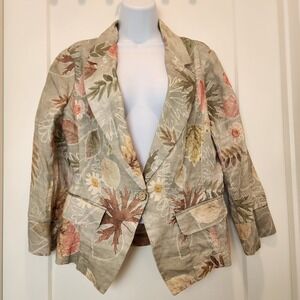 Yuvita Linen Blazer Jacket Women Large Botanical Leaf Artsy Cottagecore Coastal